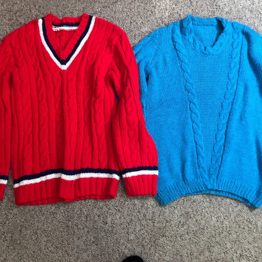 Lot of Two Handknit Homemade Large Wool Pullover SWEATERS
